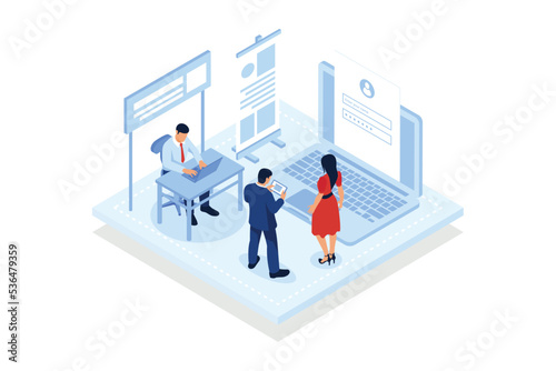 Class access code. Young student joins online class with access code, teaching app, virtual education, distance training,isometric vector modern illustration