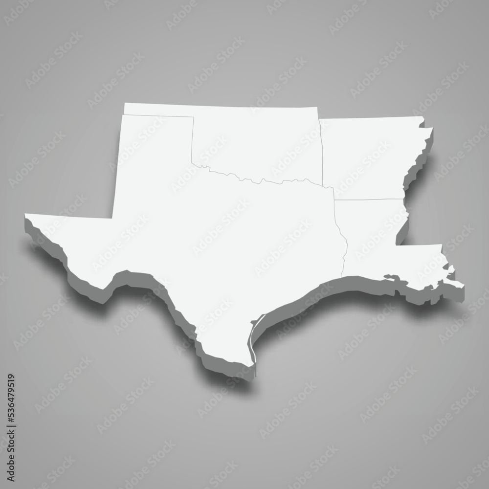 3d isometric map West South Central Region of United States
