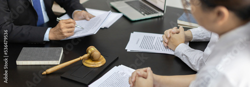 Attorney or judge provides legal advice to the client in the courtroom, Ethics in the courts include justice and impartiality, Legal consultant, Scales of justice, Law hammer, Litigation and justice.