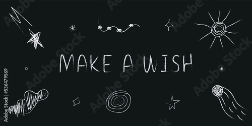 Doodle cosmos illustration set in childish style, design clipart. Hand drawn abstract space elements with lettering. Black and white.