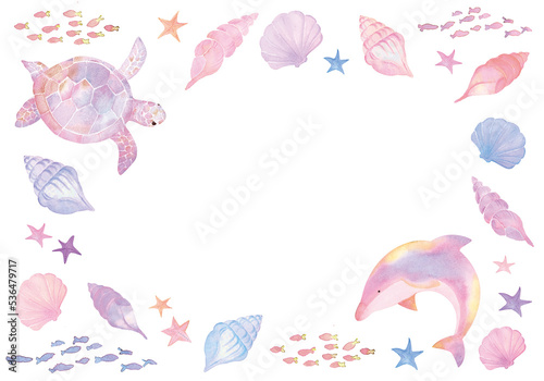 パステルカラーのウミガメとイルカの水彩画フレーム