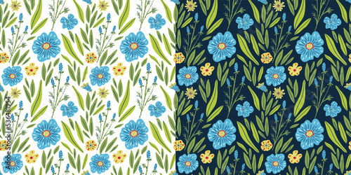 Seamless floral pattern with white and dark background. Wildflowers pattern.