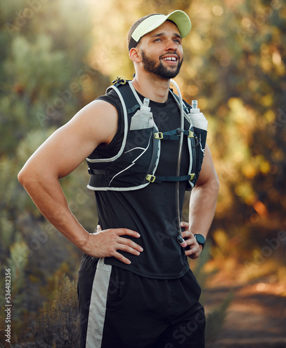 Man, hiking and proud on mountain for break, breathe or rest in workout, fitness and run. Runner, hiker and relax tired body in training, sports and health on adventure in summer in Australia nature