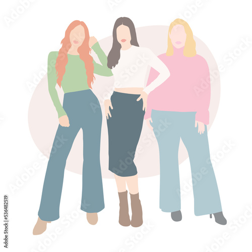 Three beautiful models posing illustration, modern girls wearing casual outfits vectors