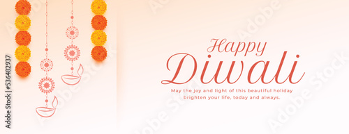 happy diwali wishes banner with floral and lantern design