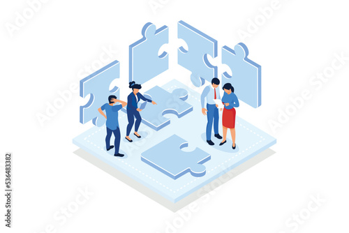 Finding solution, problem solving. Teamwork and partnership. Working team collaboration, enterprise cooperation . isometric vector modern illustration