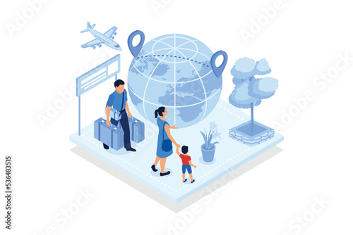 Human capital . International migration, brain drain, digital nomad, trained workers, buisness start up, leave country. isometric vector modern illustration
