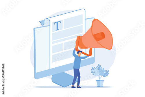 Content and mass media marketing. Copywriting Internet advertising. Promotional article, news, broadcasting. Blogger, person holding megaphone, flat vector modern illustration