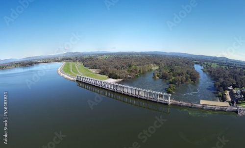 Albury, New South Wales, Australia aerial photography from drone, above Murray river near Hume dam is a major dam across the Murray River downstream of its junction in the Riverina region.