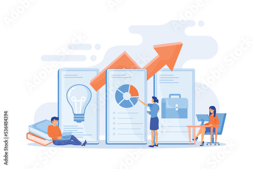 Online education, Qualification courses, internet university graduation, distance learning concept. Business school students and teachers cartoon characters, flat vector modern illustration