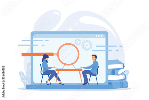 Students with laptops are searchig information in comruter class. Computer lab, academic laboratory, public library or Internet cafe. Modern education and student reserch concept, flat vector modern i