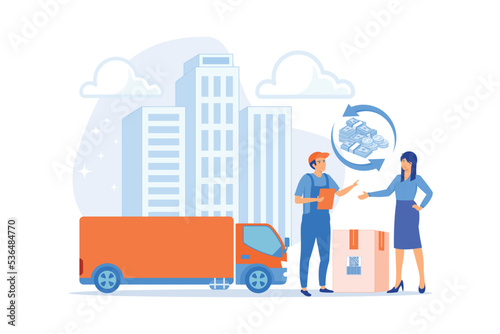 Express delivery service flat vector illustration. Urban cargo trucking, goods transportation business, cash refund, parcel return concept, flat vector modern illustration