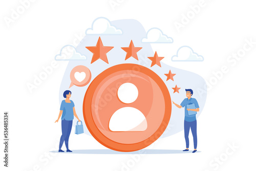 Marketer measuring customer satisfaction and rating stars. Satisfaction and loyalty analysis, customer retention increasing, marketing tools concept, flat vector modern illustration