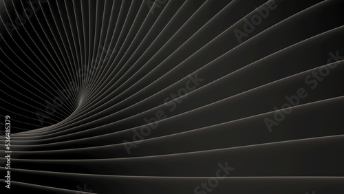 Black background stripes 3D wavy pattern, elegant abstract striped pattern, interesting spiral architectural minimal dark grey backdrop, 3D render illustration.