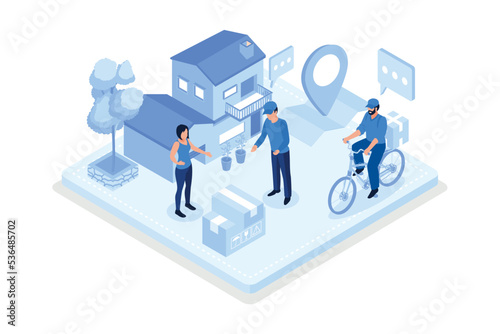 Online Delivery Service Web Banner Template. Courier on Scooter Delivering Parcel Box. Smartphone with Mobile App for Delivery Tracking. Smart Logistic Concept, isometric vector modern illustration