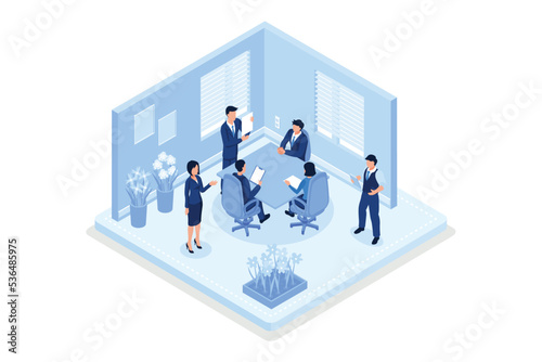 Business People Characters in Coworking Place. Businessman and Businesswoman Working, Discussing and Meeting in Open Space Office. Coworkers and Freelancers Team, isometric vector modern illustration