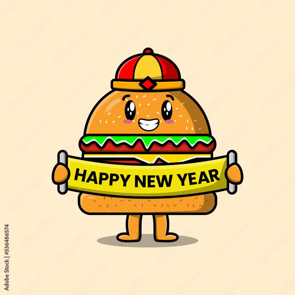 Cute cartoon Burger chinese character holding happy new year board illustration Cute cartoon Burger chinese character holding happy new year board illustration