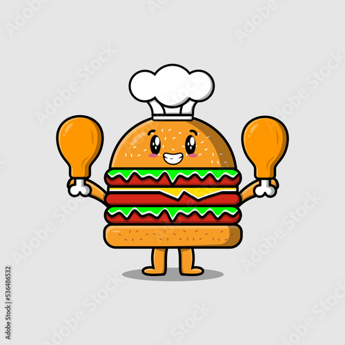 Cute cartoon Burger chef character holding two chicken thighs in flat cartoon style illustration