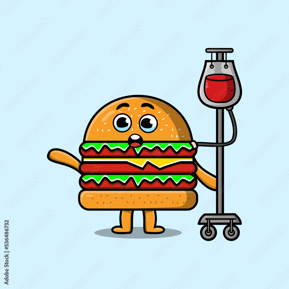 Cute cartoon illustration of Burger having blood transfusion with cute