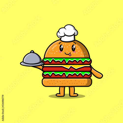 Cute Cartoon chef Burger mascot character serving food on tray cute style design illustration
