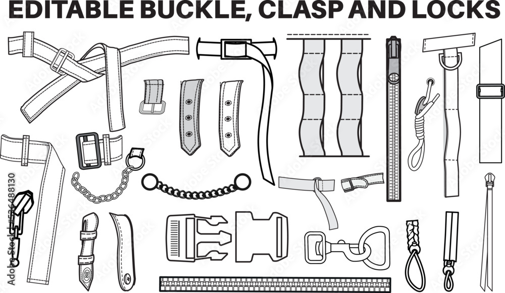 D Ring And Belt Buckle Flat Sketch Vector Illustration Set