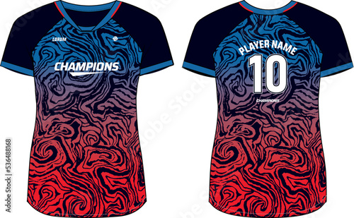 Women Sports Jersey t-shirt design Flat sketch Illustration, marble fossil pattern V Neck t shirt for Ladies Volleyball jersey, Football, badminton, Soccer and netball, Sport uniform kit