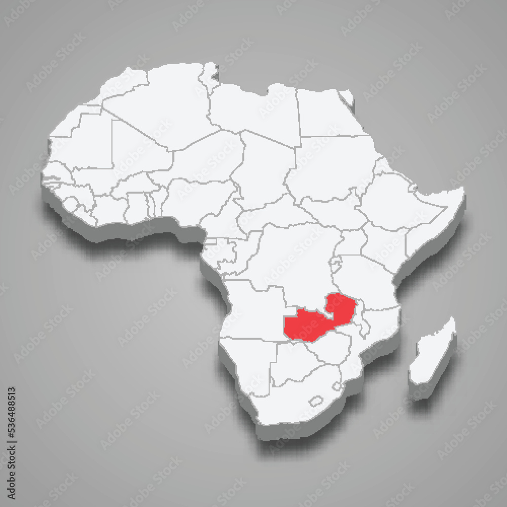 country location within Africa. 3d map Zambia country location within Africa. 3d map Zambia