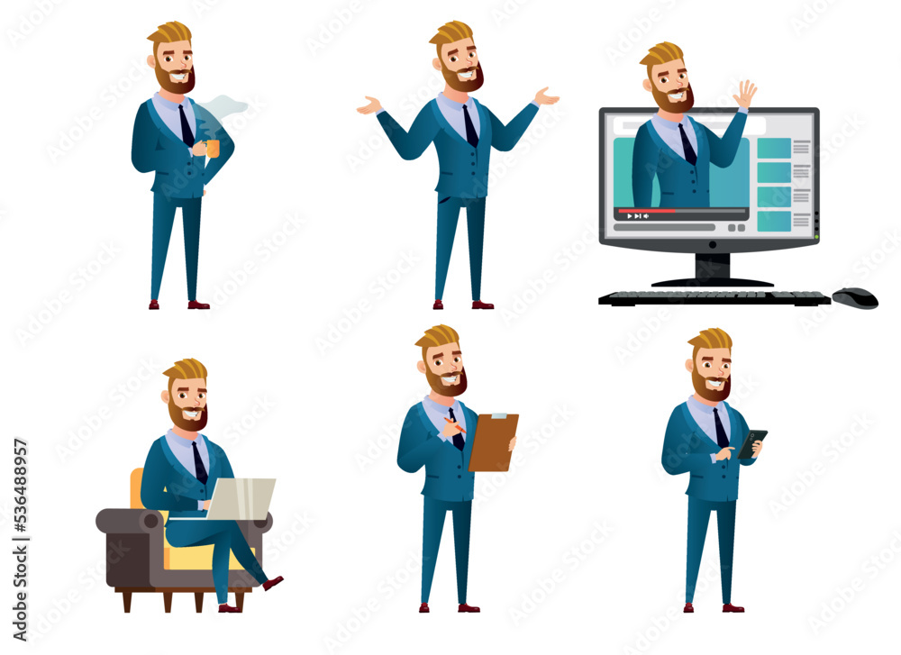 A set of successful businessman in different poses and actions