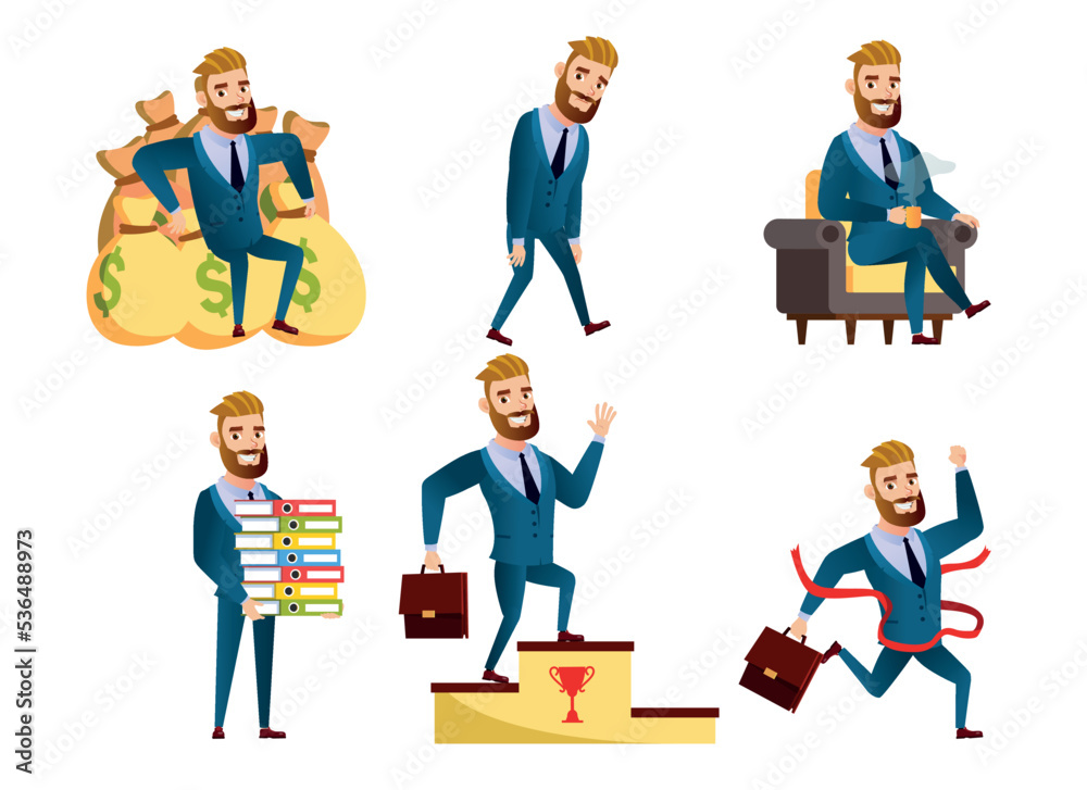 A set of young bearded businessman in different poses and actions A set of young bearded businessman in different poses and actions
