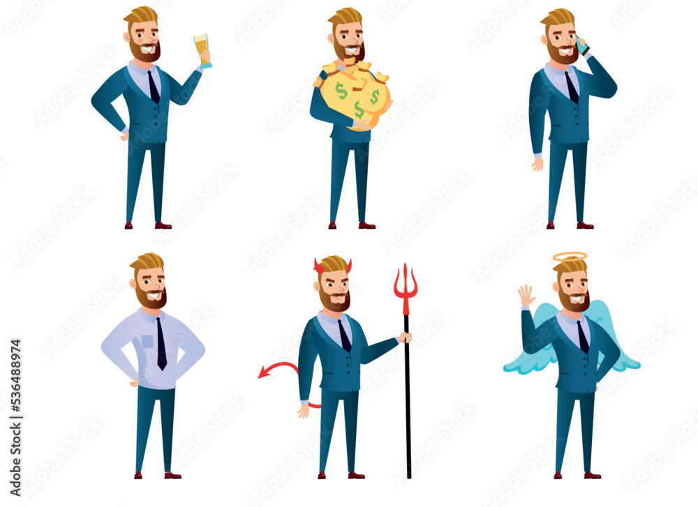 A set of bearded businessman in different poses and actions A set of bearded businessman in different poses and actions