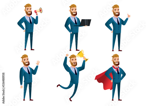 A set of happy cartoon businessman in different poses and actions