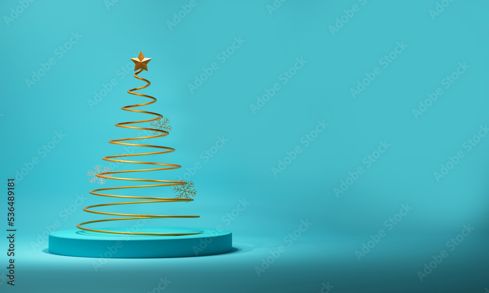 3D Render Of Golden Spiral Christmas Tree With Star, Snowflake Over Blue Podium Background And Copy Space.
