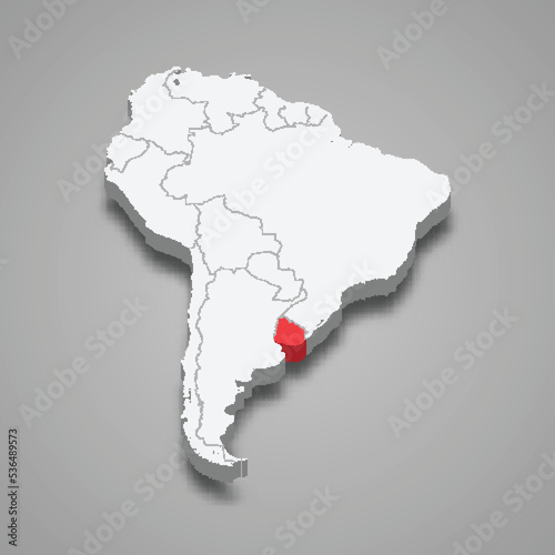 Uruguay country location within South America. 3d map