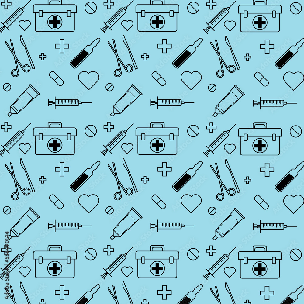 medical pattern with pills medical case syringe scissors scalpel ointment tube hearts ampules crosses