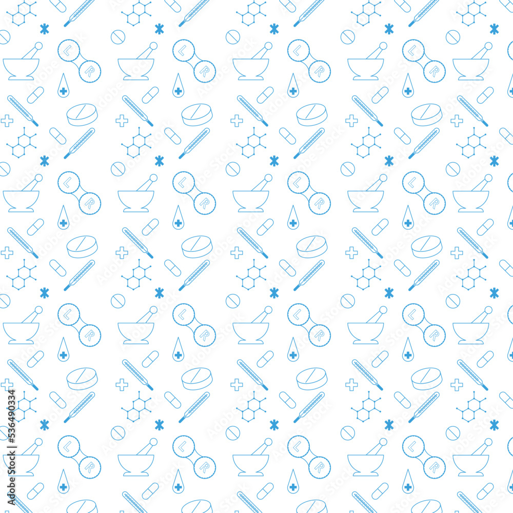 medical pattern with pills mortar and pestle thermometer drops lens case crosses molecules medical pattern with pills mortar and pestle thermometer drops lens case crosses molecules