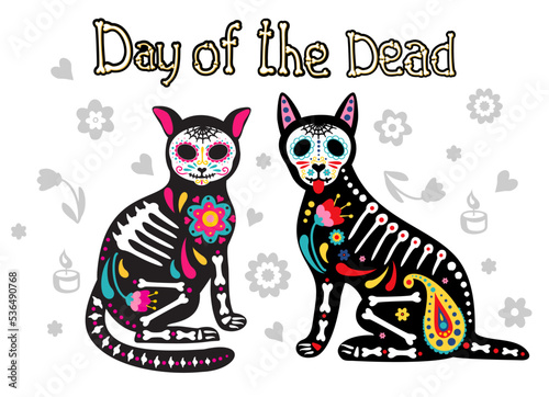 Day of the dead, Dia de los muertos, dog and cat skulls and skeleton decorated. Colorful Mexican traditional symbols, elements and flowers. Fiesta, Halloween, holiday poster, party flyer. Vector