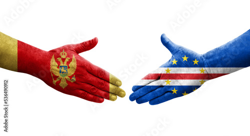 Handshake between Cape Verde and Montenegro flags painted on hands, isolated transparent image.