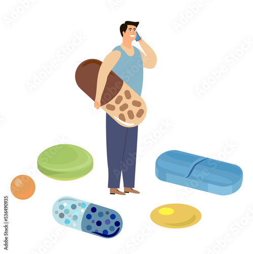 Big pharma concept. Man carrying giant drug pill isolated. Concept of medication treating illness or disorder. Concept of antidepressants. Medication treatment consultation. Medicine. Flat. Vector