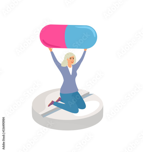 Woman sitting on big pill. Health and treatment concept. Antidepressants and hormonal drugs. Taking vitamins and homeopathy as prescribed by a doctor. Isolated flat Psychological healthcare Vector