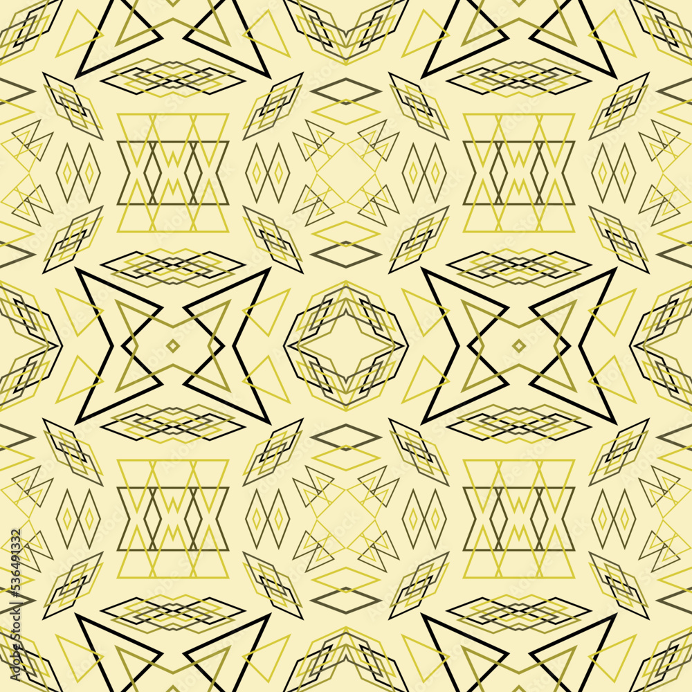 Geometric seamless pattern. Abstract motif vintage golden yellow style. Vector design for floor, background, wall, texture, fabric, textile, clothing, wallpaper, tiles, blanket, carpet, art print.