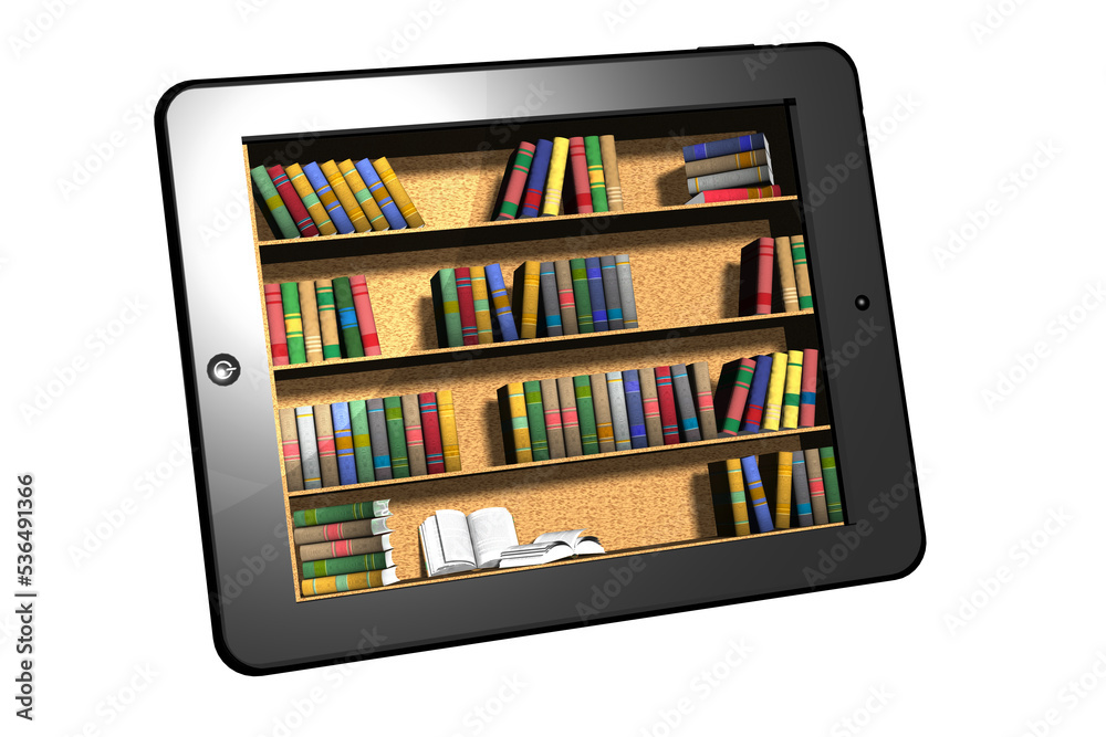 PNG, trasparente. Tablet con all' interno scaffali di libri. E-book. PNG, trasparente. Tablet con all' interno scaffali di libri. E-book.