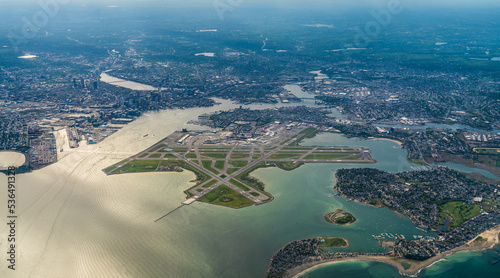aerial view of the area around Boston and "Edward Lawrence Logan International Airport" with runway environment 