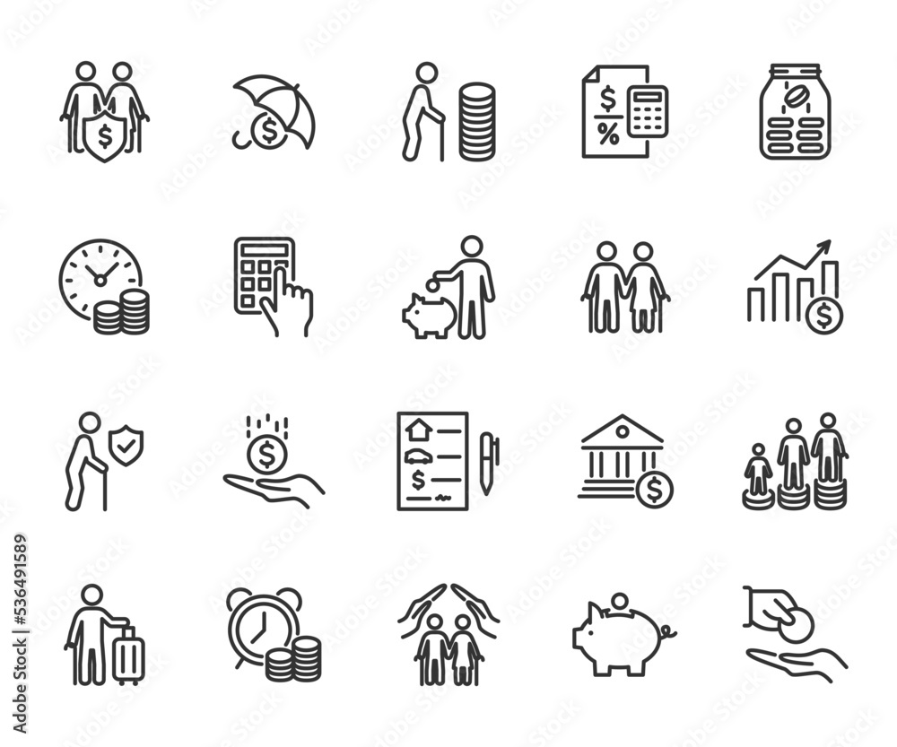 Vector set of pension line icons. Contains icons retirement plan, money deposit, inheritance, pension fund, savings, investments, pension payment, allowance and more. Pixel perfect. - obrazy, fototapety, plakaty 