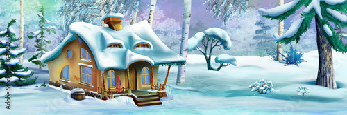 Hut in the winter forest illustration