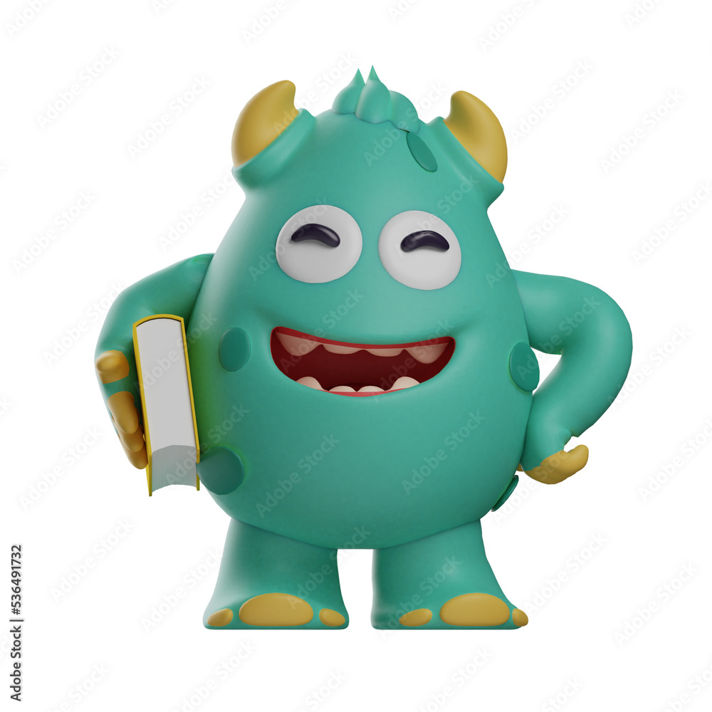 3D illustration. 3D Cute Monster character design holding a book. hands are on the waist. laughing showing his teeth. 3D Cartoon Character