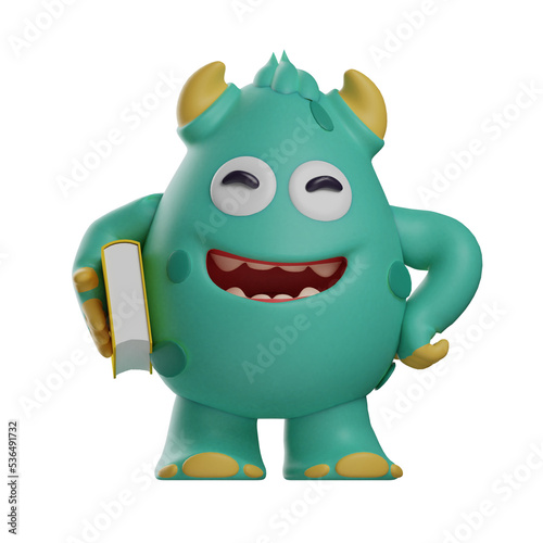 3D illustration. 3D Cute Monster character design holding a book. hands are on the waist. laughing showing his teeth. 3D Cartoon Character