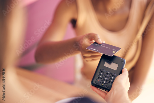 Credit card, retail customer and rfid payment at cashier, store service and point of sale machine. Worker hands process finance, money and shopping, cash register and fintech pos in coffee shop cafe