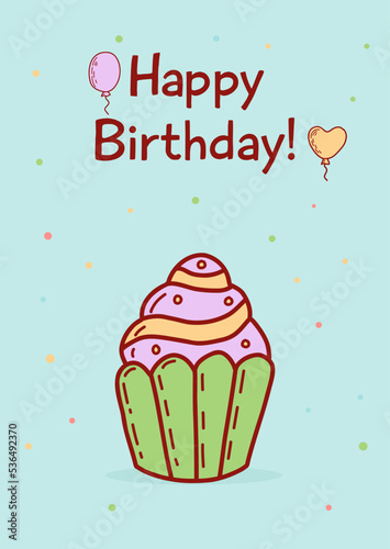 Happy birthday greeting card and party invitation templates. Flat vector illustration in hand drawn style