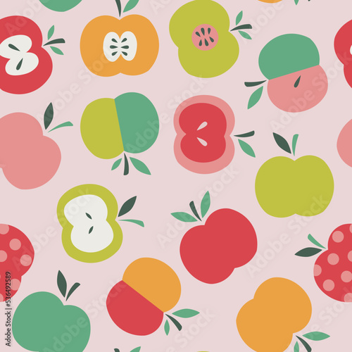 Vector seamless pattern with abstract apples on pink background. Flat style fruit. Hand drawn vector garden fruit illustration. For textiles, clothing, bed linen, office supplies.
