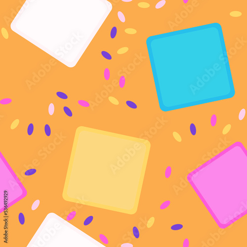 Multicolored confetti, seamless pattern, bright colorful background. Festival, carnival or holiday event, pattern for textile, book cover, wallpaper. Geometric chaotic shapes. Vector illustration.